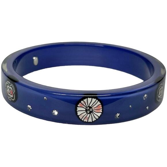 AUTH Chanel Navy Blue Resin CC Logo Camellia Flower Rhinestone Bangle Bracelet - Picture 1 of 15